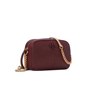TORY BURCH McGraw Textured Leather Camera Bag in Wine Brown